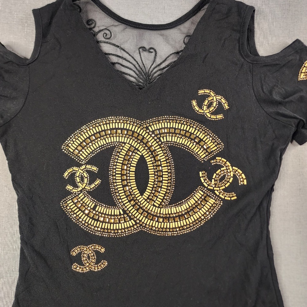 Fashion Top Cold Shoulder Beaded Gold Black Butterfly Mesh V-Neck Shirt Y2K - Picture 2 of 10